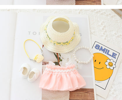 Handmade Elegant Summer Dress Set for Labubu-Style Dolls – 5-Piece Outfit with Hat, Shoes, and Accessories (15–17cm Compatible)