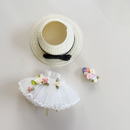 Handmade Floral Dress and Sunhat Set for Labubu – Summer Outfit for Dolls Compatible with Labubu – Includes Dress, Hat, and Flower Clip