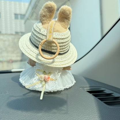 Handmade Floral Dress and Sunhat Set for Labubu – Summer Outfit for Dolls Compatible with Labubu – Includes Dress, Hat, and Flower Clip