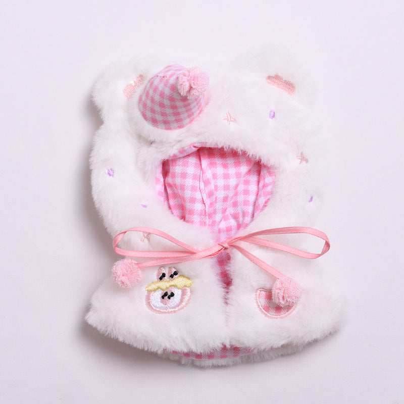 Bear Cloak Clothes for Labubu – 1-Piece Furry Cape Outfit Compatible with Labubu Dolls – Include Party Hat and Gingham Lining