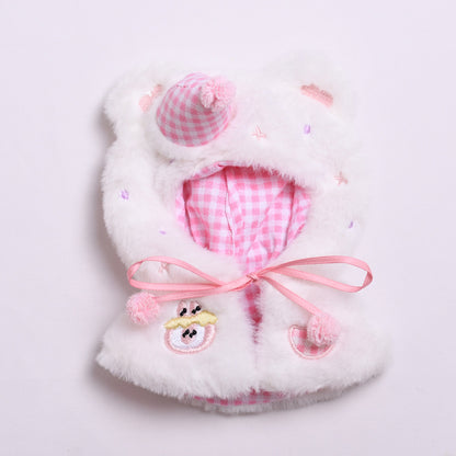 Bear Cloak Clothes for Labubu – 1-Piece Furry Cape Outfit Compatible with Labubu Dolls – Include Party Hat and Gingham Lining