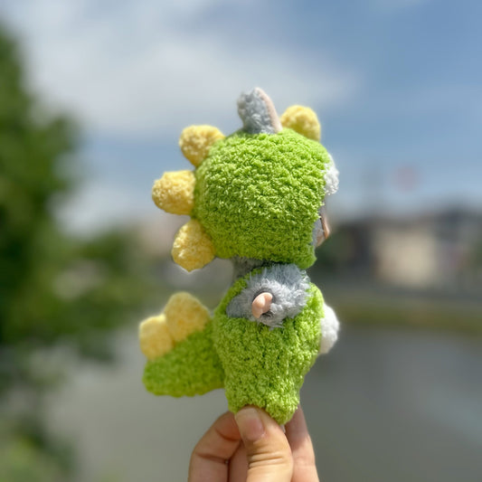 Handmade Dinosaur Costume Set for Dolls – 2-Piece Fuzzy Outfit Compatible with Labubu – Include Hat and Jumpsuit