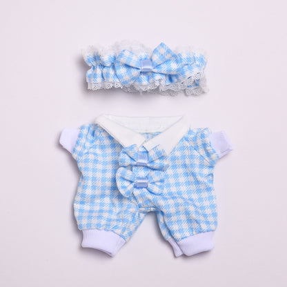 Sweet Plaid Doll Clothes Set – 2-Piece Outfit with Lace Headband and Bow Romper – Fit for 15–17cm Dolls Like Labubu